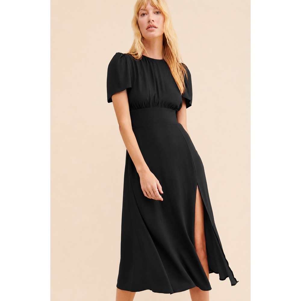 AFRM Jamie Midi Dress Lg Black Empire Waist Puff Sleeve Open Back Classic Retro